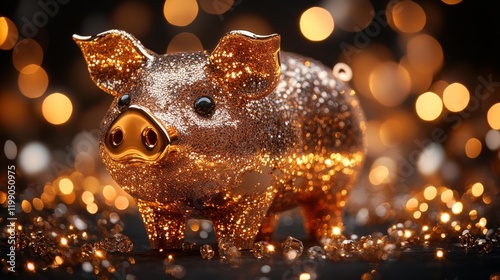 Glamorous Glittering Metal Piggy Bank with Sparkling Background. Generative AI photo