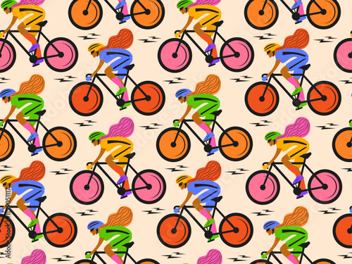 colorful sportswoman female cyclist in retro vintage seamless pattern,  vector illustration repeat design print