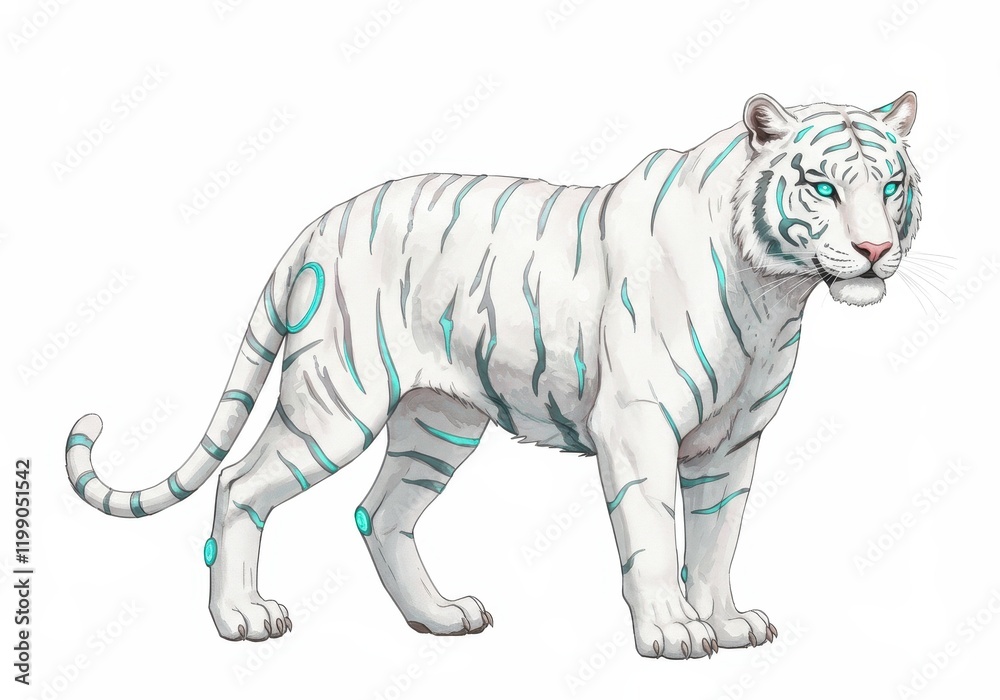 Obraz premium Futuristic cybernetic white tiger with neon blue accents on a clean background