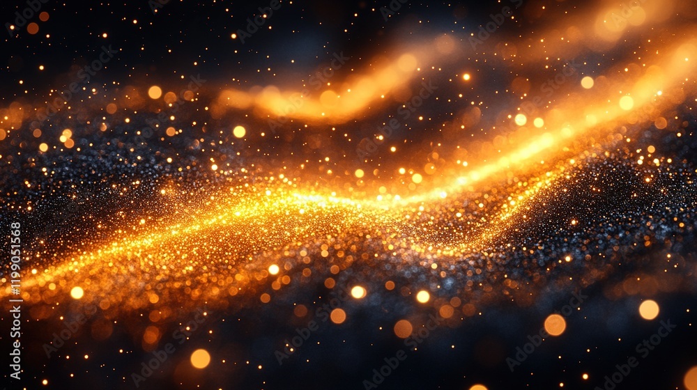 Golden glitter wave flowing on dark background with bokeh Golden glitter wave flowing on dark background with bokeh