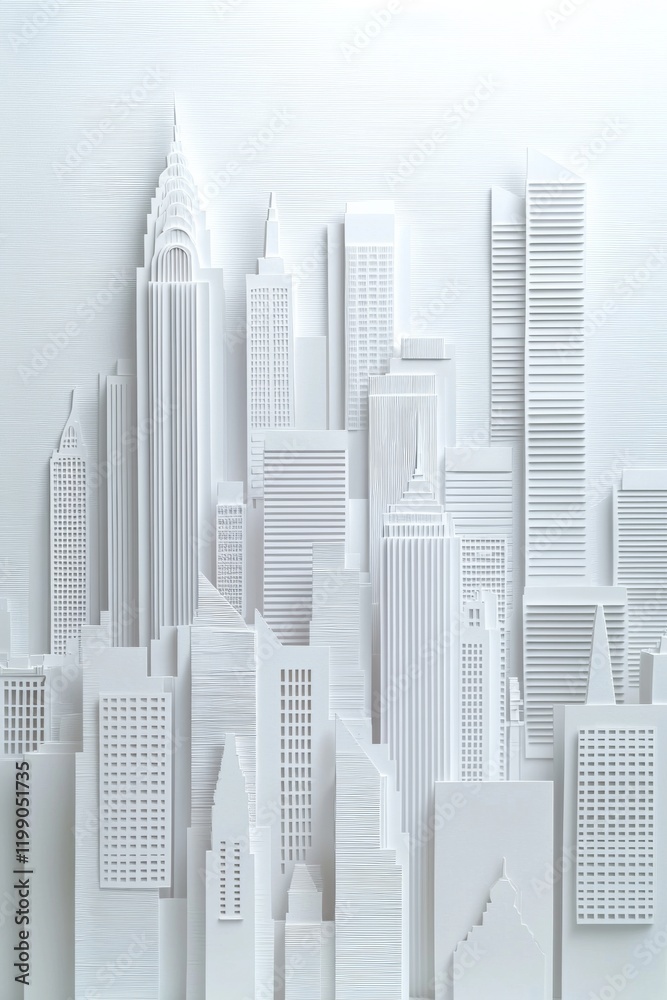 White paper model of a city skyline with skyscrapers, on a gray background White paper model of a city skyline with skyscrapers, on a gray background
