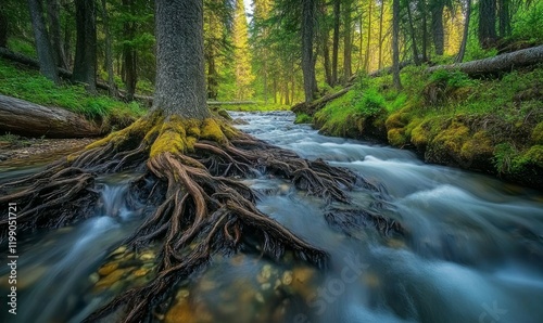 Close-up of tree roots in a forest stream, mount thielsen, thielens photo