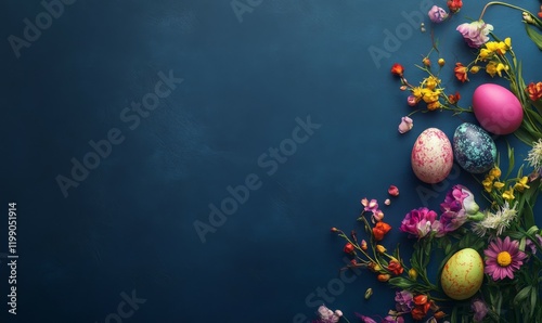 Brightly colored Easter eggs paired with spring flowers on a dark blue background, with space for a greeting.