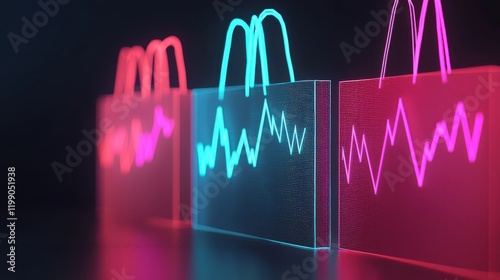 Consumer Price Index CPI concept. Glowing Grocery Bags with Dynamic Neon Waves Abstract Retail Concept photo