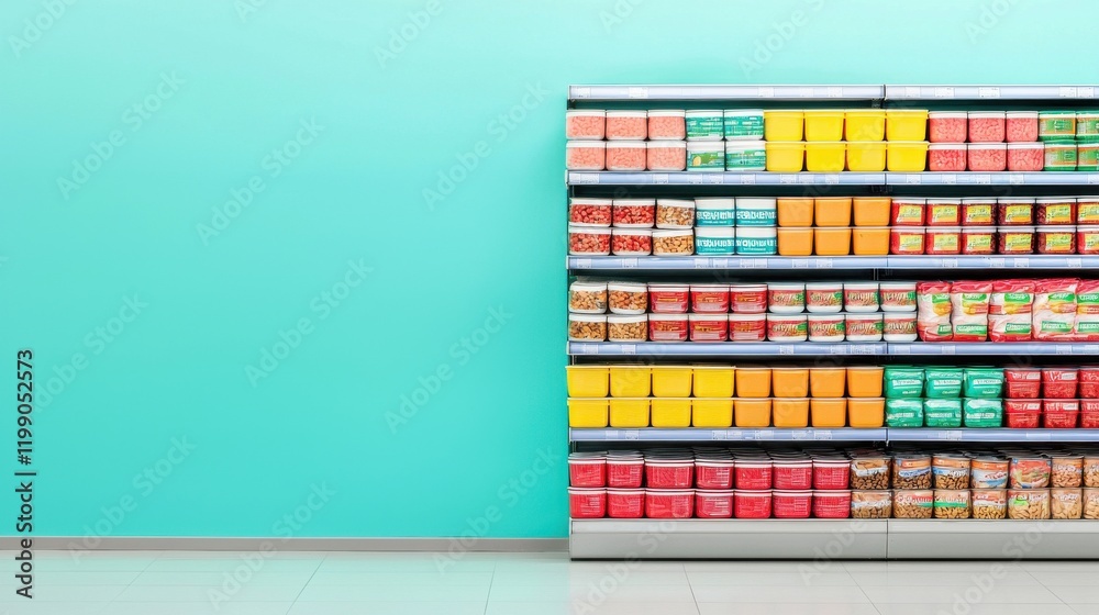 Obraz premium Consumer Price Index CPI concept. Minimalist Glowing Geometric Shelf Display of Grocery Store Products