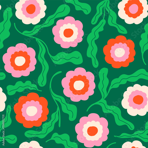 modern abstract minimalist flowing blooms and leaves in green pink cream red  colors seamless pattern, vector illustration repeat print design