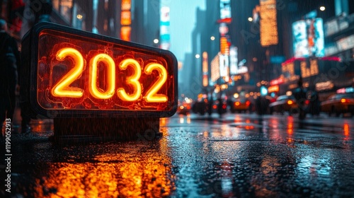 Glowing Neon Sign 2032 on a Rainy Urban Street. Generative AI photo