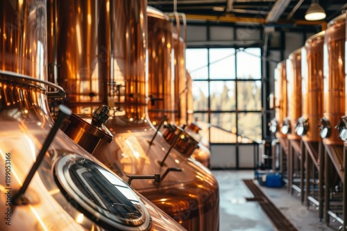 Rows of copper tanks fermenting beer in a brewery, showing the industrial production process