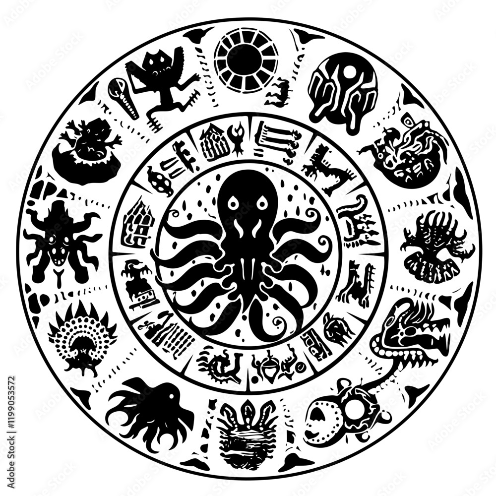Obraz premium Mayan Symbol – A Captivating Representation of Ancient Mayan Culture and Spirituality. Perfect for Historical Projects, Tattoo Designs, Wall Art, Jewelry, or Esoteric Creations. Mystical Essence