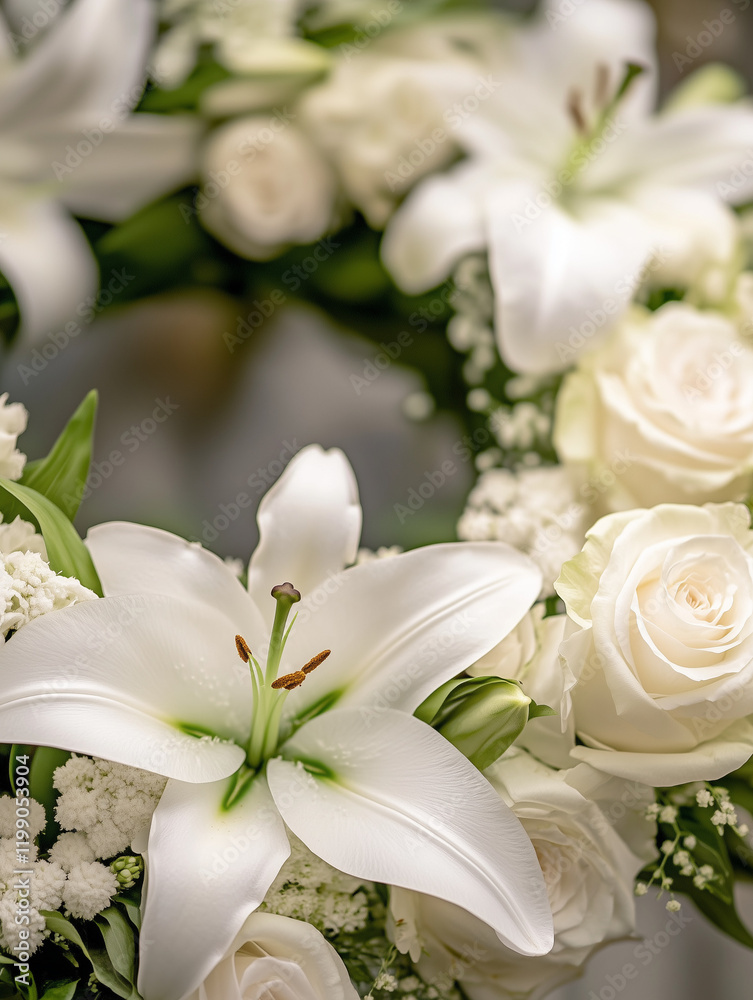 Close-up of white lilies and roses in an elegant floral arrangement. Close-up of white lilies and roses in an elegant floral arrangement.