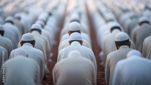 Muslim men praying together in congregation photo