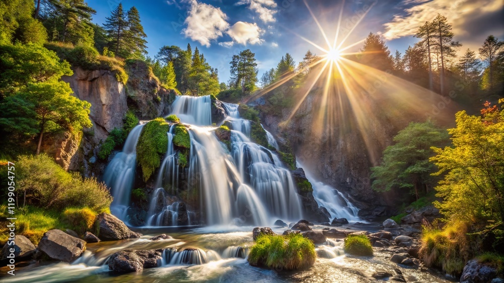 Panoramic Bariloche Waterfall: Sunlit Forest, Argentina Panoramic Bariloche Waterfall: Sunlit Forest, Argentina