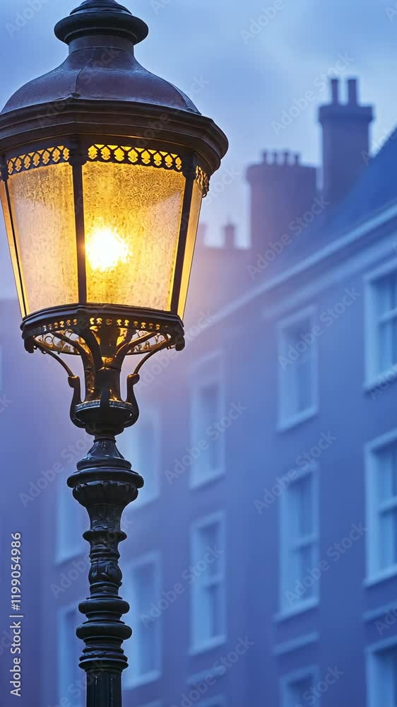 Street lamp illuminates foggy evening in historic neighborhood