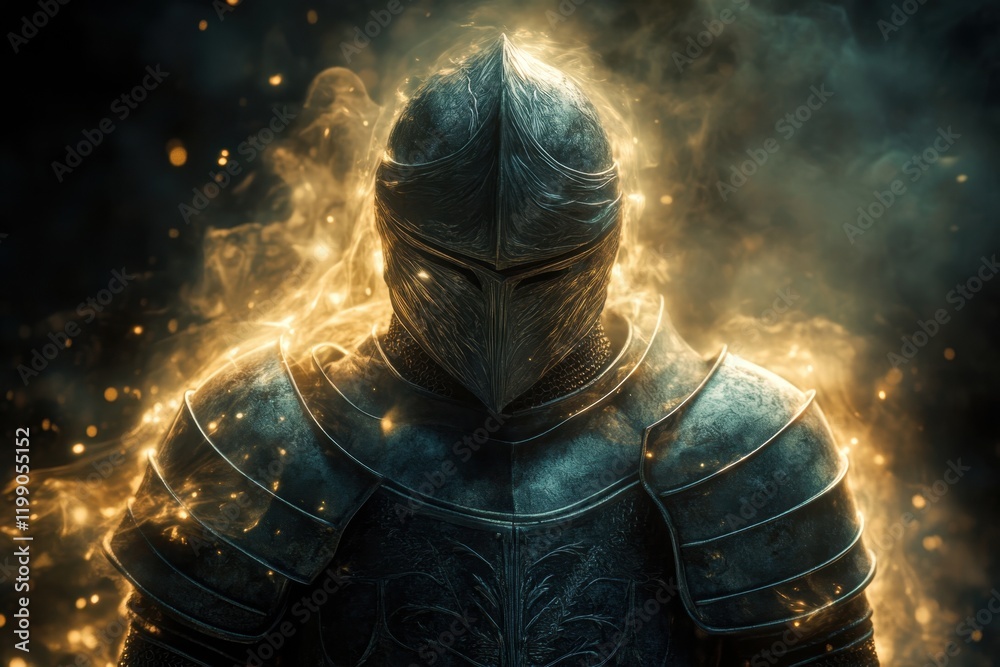 Knight in shining armor surrounded by glowing mist and sparks in fantastical setting Knight in shining armor surrounded by glowing mist and sparks in fantastical setting