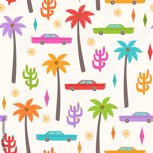 vintage style rainbow colored sunny minimalist california palms trees cacti and retro mcm cars seamless pattern, vector illustration repeat design print