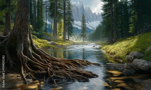 Close-up of tree roots in a forest stream, mount thielsen, thielens photo