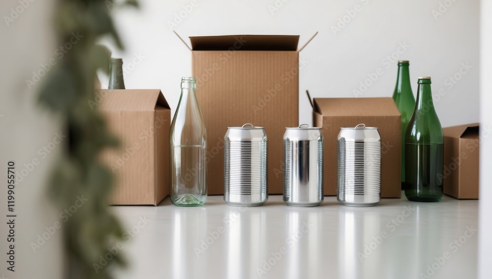 Recyclable materials like corrugated cardboard, glass bottles, and metal cans, promoting eco-friendly sustainability and waste responsibility. Recyclable materials like corrugated cardboard, glass bottles, and metal cans, promoting eco-friendly sustainability and waste responsibility.