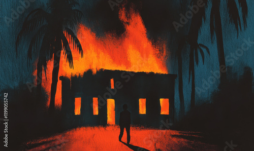Dramatic Silhouette of a Lone Figure Against a Burning Building Amidst Palms at Night, Capturing Intense Emotions and Social Issues in a Fiery Urban Scene