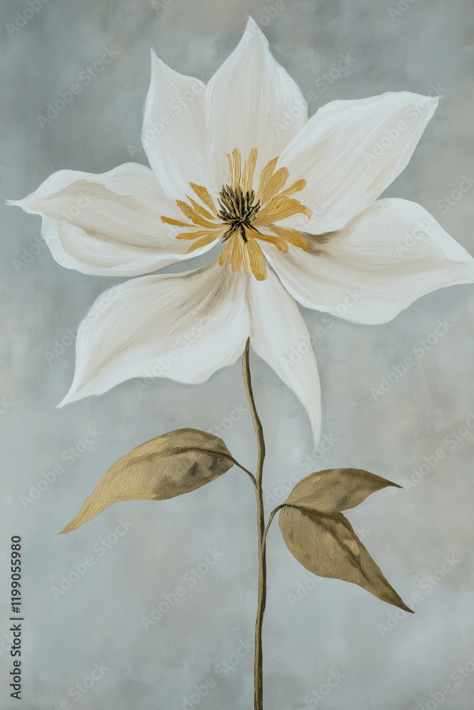 Fototapeta premium artistic white and gold flower oil painting with textured details for wall decoration