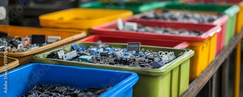 Wallpaper Mural Colorful bins filled with various electronic components in industrial setting. Torontodigital.ca