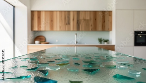 Sustainability, recycled glass countertops in a minimalist, eco kitchen design. photo