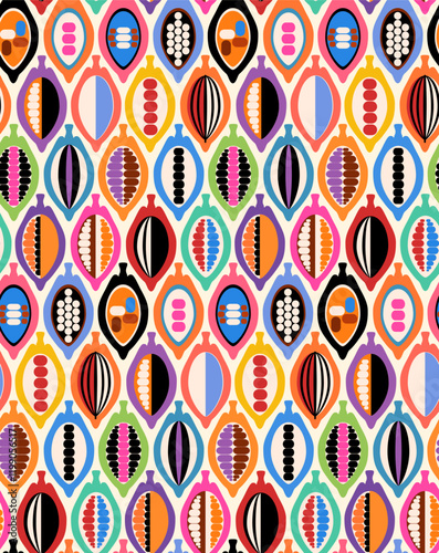 geometric cocoa pods fruits beans rainbow multi-colored on cream seamless pattern, vector illustration repeat design print
