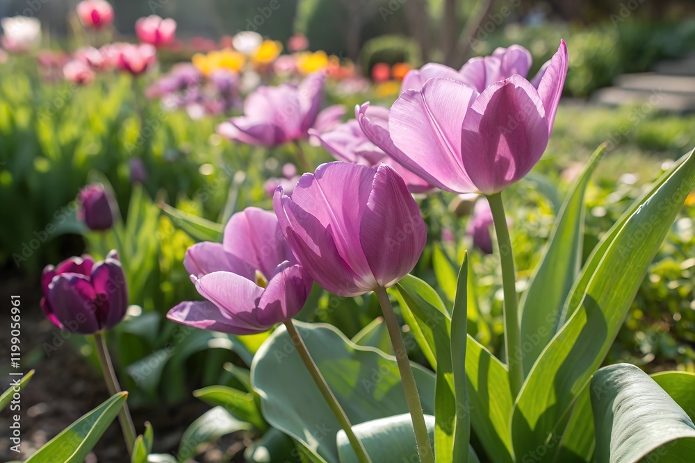 Close-up view of vibrant purple tulips blooming in a sunny garden during spring season valentine day Close-up view of vibrant purple tulips blooming in a sunny garden during spring season valentine day