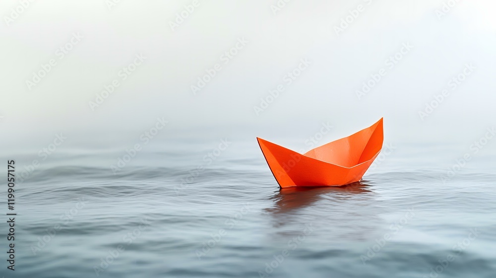 Obraz premium Orange paper boat floats on misty water, hope concept