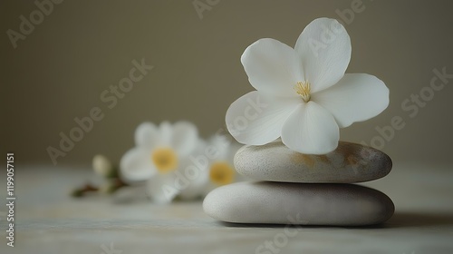 Serene white blossom atop smooth stones, blurred background, spa setting, wellness concept