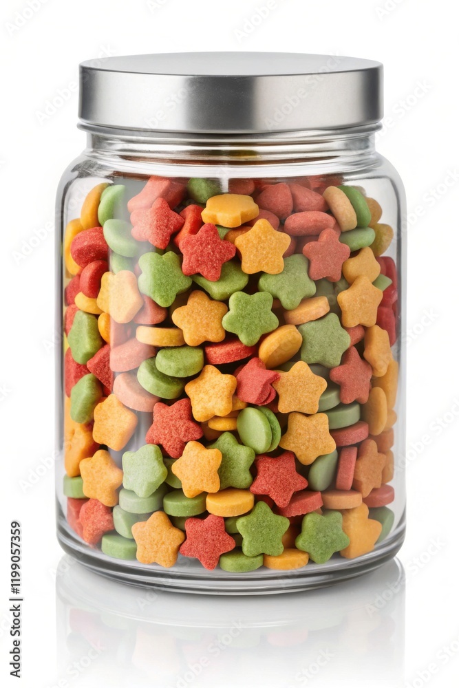 Colorful Dog Treats in a Clear Glass Jar Perfect for Pet Rewards and Training Sessions Colorful Dog Treats in a Clear Glass Jar Perfect for Pet Rewards and Training Sessions