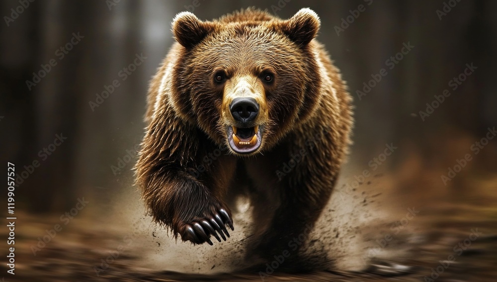 Obraz premium A bear is running through the woods with its mouth open