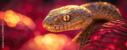 A golden snake with piercing eyes emerging from a sea of glowing red lanterns, highlighting Chinese elegance and festivity