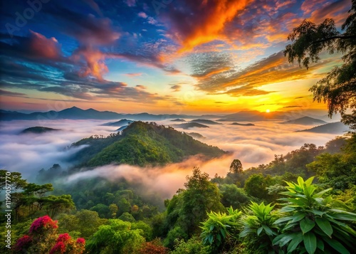 Panoramic Double Exposure: Doi Thule Mountaintop Sunrise, Tak Province, Thailand photo