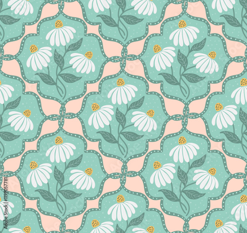 coneflower granny cottage core grandmillennial chic flowers in ogees in pastel green and peach seamless pattern, vector illustration repeat design