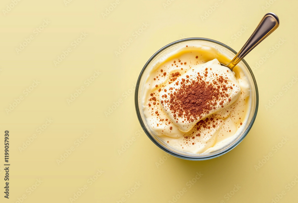 Delicious tiramisu dessert in a glass with a spoon, top view on a pastel yellow background, perfect for food blogs, recipes, and marketing materials. Delicious tiramisu dessert in a glass with a spoon, top view on a pastel yellow background, perfect for food blogs, recipes, and marketing materials.