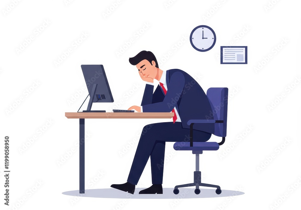 Exhausted office worker sleeping at desk during long workday Exhausted office worker sleeping at desk during long workday