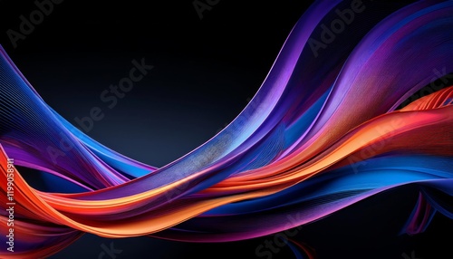 Abstract digital art with smooth, flowing ribbons in blue, purple, and orange gradients, intertwining dynamically on a black background