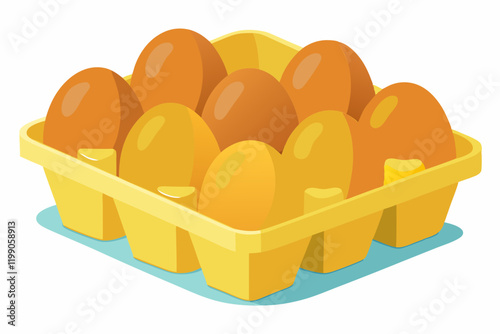 A dozen brown eggs in a red carton of on a white background