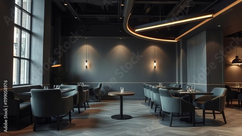 Modern gray restaurant interior featuring elegant armchairs, contemporary design, minimalist decor, and soft lighting, soft lighting, minimalist photo