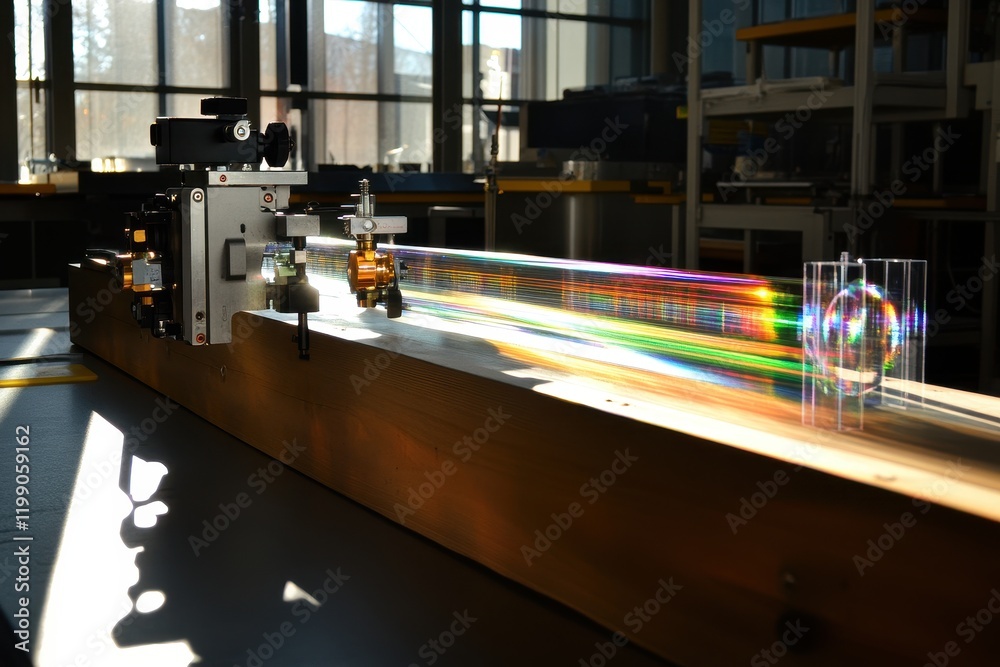 Obraz premium Demonstration of Light Spectrum Analysis Using a Prism and Optical Equipment in Laboratory Setting for Science Education and Research Purposes