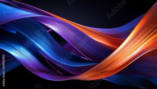 Abstract digital art with smooth, flowing ribbons in blue, purple, and orange gradients, intertwining dynamically on a black background