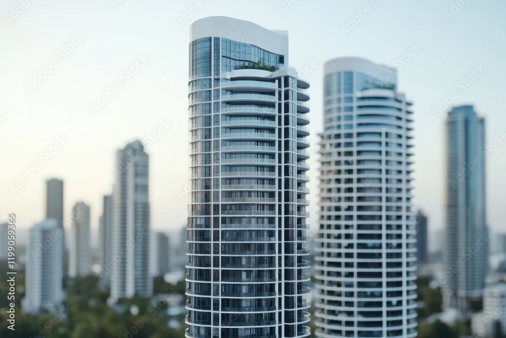A modern skyline featuring sleek, high-rise residential buildings with glass facades against a soft, pastel sky. A modern skyline featuring sleek, high-rise residential buildings with glass facades against a soft, pastel sky.