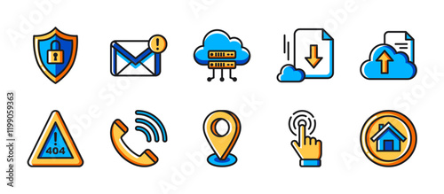 Website or technology icon pack in colorful outline style, showing internet security, mail notification, cloud server, download and upload files, error 404, contact us, hand cursor and home button.