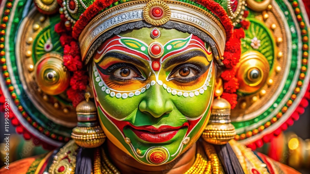 Panoramic Kathakali Dancer Face with Onam Rangoli Design Panoramic Kathakali Dancer Face with Onam Rangoli Design