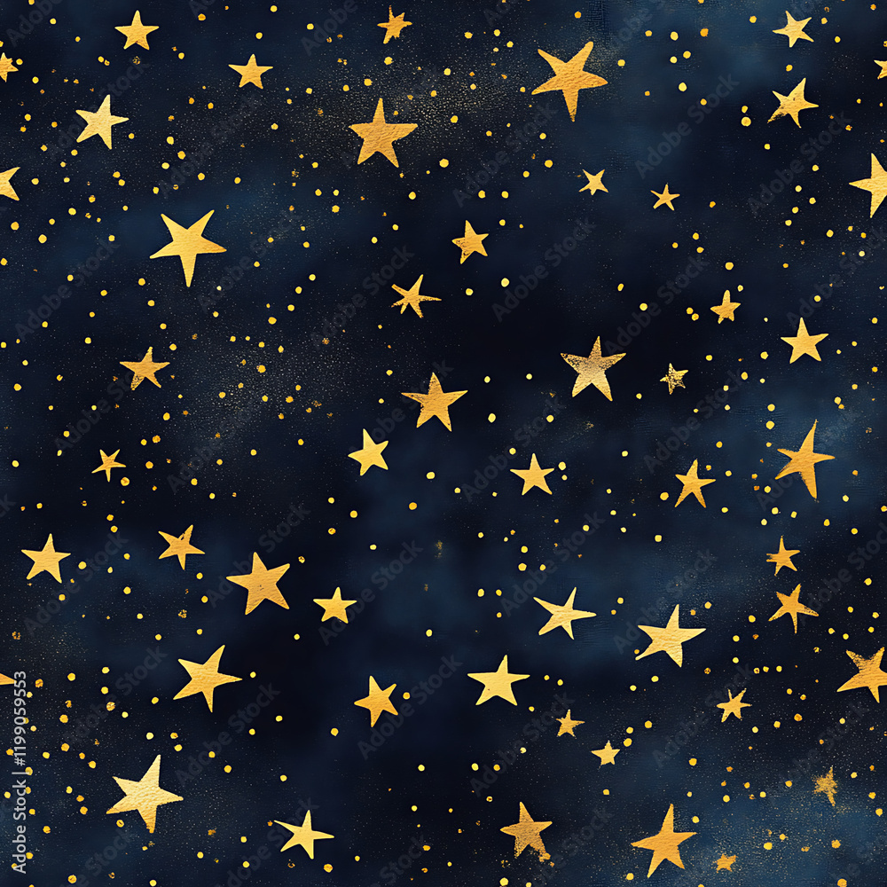 Seamless starry sky pattern featuring golden stars on a dark blue background for elegant designs Seamless starry sky pattern featuring golden stars on a dark blue background for elegant designs