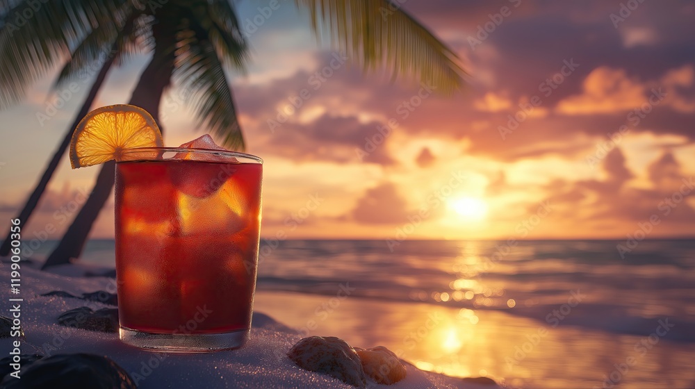 Refreshing cocktails with tropical sunset background. Refreshing cocktails with tropical sunset background.