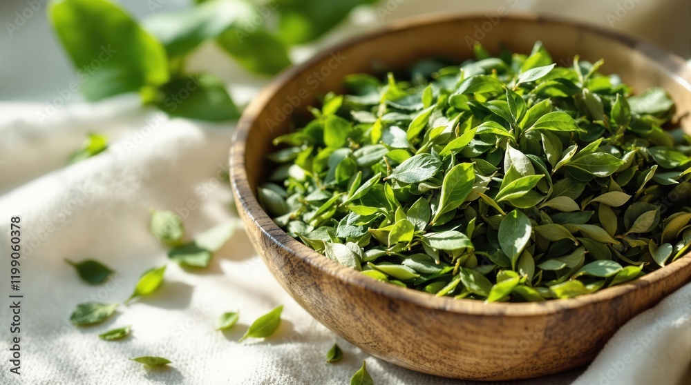 Fresh basil leaves in a rustic wooden bowl on sunlit fabric background Fresh basil leaves in a rustic wooden bowl on sunlit fabric background