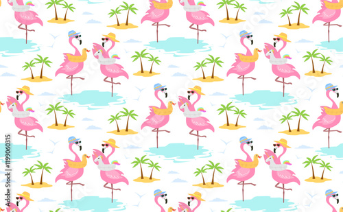 cute fun cartoon flamingo birds on tropical beach vacation seamless pattern, vector illustration repeat design print