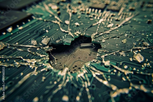 Close up of shattered motherboard, highlighting technological vulnerability and hardware malfunction