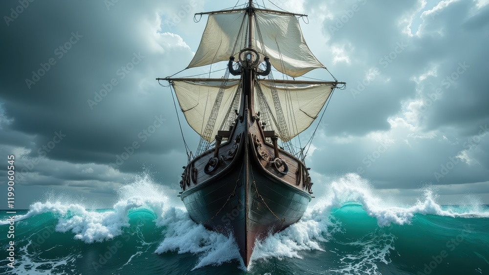 Fototapeta premium A majestic pirate ship's dark brown wooden prow slices through a tumultuous sea, framed against storm clouds and crashing waves